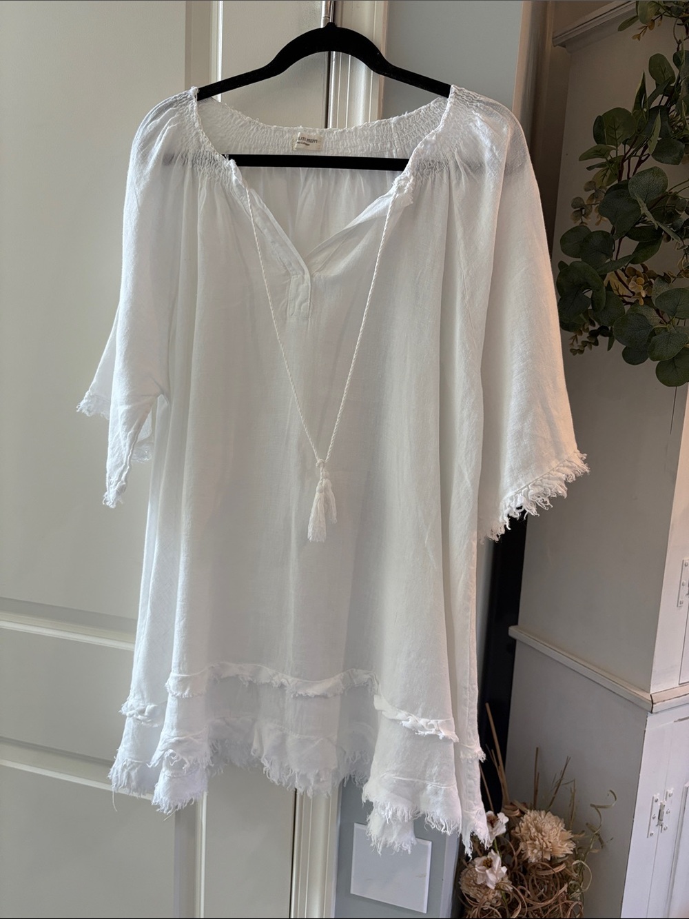 White Frayed Hem Swim Coverup Tunic with Tassel